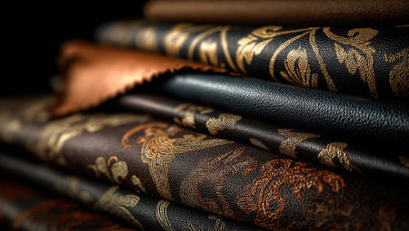 Close-up stack of ornate patterned fabric, varying textures and colors, dark backdropの素材