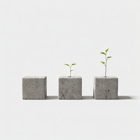 Three concrete cubes, each with a sprouting plant, showing growth stages against whiteの素材