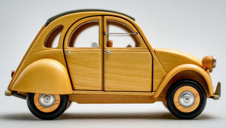 Side view of a wooden toy car, detailed construction, yellow hue, smooth finishの素材