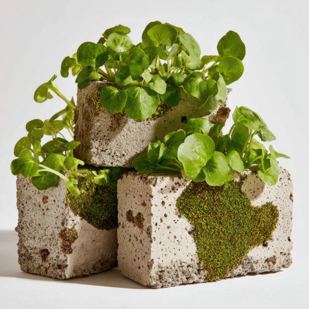 Three concrete blocks stacked, each with greenery and moss growing on themの素材