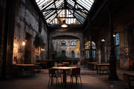 An abandoned industrial interior features rows of tables and chairs, illuminated by a skylight. The scene showcases aged walls, arches, and architectural details. The lighting suggests an overcast day. This image is suitable for various commercial uses, including artistic and conceptual projects.の素材