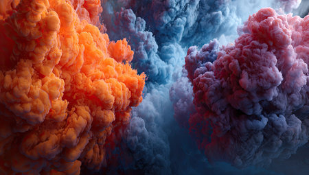 This abstract image showcases vibrant cloud-like formations in orange, blue, and pink hues. The textures appear soft and voluminous, suggesting an atmospheric or ethereal quality. The composition is dynamic with implied movement. Suitable for creative projects, this image could enhance various visual communications.の素材