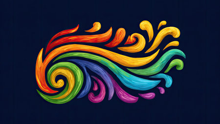An abstract, colorful wave pattern is displayed against a dark background, featuring a variety of vibrant hues. The composition showcases a dynamic flow of color with a smooth, blended texture. This design could be suitable for digital art, graphic design projects, and promotional materials. The style suggests commercial or editorial applications.の素材