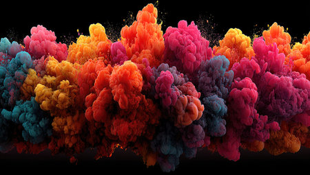 This image features a vibrant explosion of colorful smoke clouds against a dark background. The composition highlights the dynamic forms, with a variety of hues creating visual interest. This abstract artwork could be suitable for promotional materials, artistic projects, or any design requiring a burst of color and energy.の素材