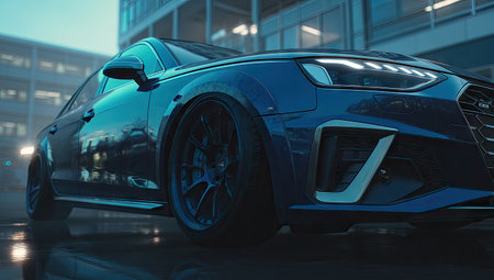Sleek, low-angle view of a blue sports sedan with illuminated headlights, wet pavement, and buildingの素材