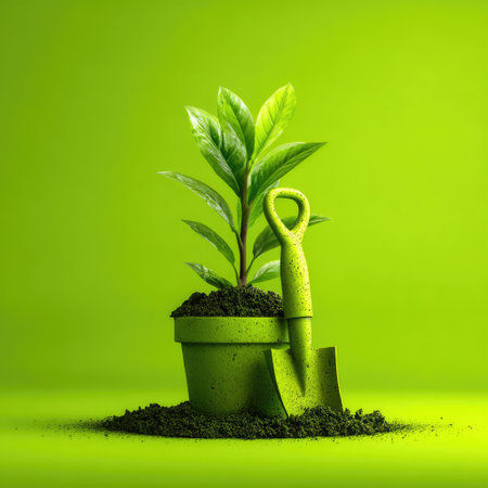 Green plant sprouting from a pot with a matching shovel against a solid green backgroundの素材