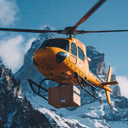 A yellow helicopter flies over a snowy mountain range, carrying a brown package belowの素材