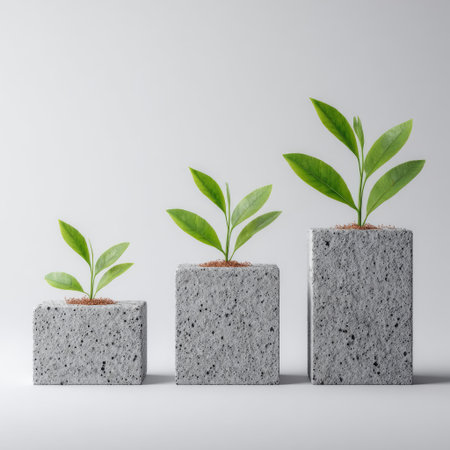Three plants sprouting from concrete blocks, representing growth against a neutral backgroundの素材