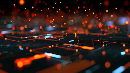 An abstract composition features a network of interconnected lines and glowing particles. Predominantly orange and blue hues create a visually dynamic effect, enhanced by a shallow depth of field. The style is modern and digital, suggesting a technological or data-driven theme suitable for various commercial applications.の素材