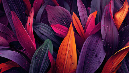 This image presents an abstract arrangement of colorful leaves, showcasing a blend of red, purple, and orange hues. The composition features a close-up perspective with water droplets, creating a visually rich texture. The artwork's style may be suitable for diverse commercial and editorial applications, offering a dynamic artistic element.の素材