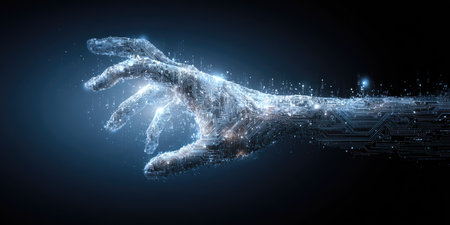 An ethereal digital hand extends forward, composed of particles and light. The image features a cool color palette with blues and whites against a dark backdrop. This artistic composition suggests technology and connection, suitable for various editorial and commercial applications.の素材