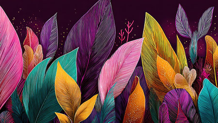 An illustration presents a colorful arrangement featuring stylized leaves and foliage. It showcases a diverse palette of magenta, purple, and yellow. The graphic design offers a textured appearance under soft lighting, creating a visually rich composition. Suitable for various creative and design projects.の素材