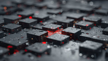 This image presents a collection of dark, textured cubes with subtle water droplets, accented by bright red highlights. The composition suggests a close-up view, possibly indoors, with a focus on detail. The overall style appears modern and technological, suitable for illustrating concepts of innovation and digital processes, ideal for commercial or editorial applications.の素材