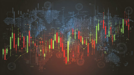 This image depicts an abstract financial market data visualization. Vertical bars in red and green colors are displayed against a dark background with a subtle world map overlay. The composition suggests data analysis and the use of technology, suitable for commercial projects.の素材