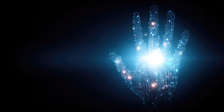 An abstract image showcases a hand formed with interconnected dots and lines, radiating light. The composition features cool blue hues with a bright central glow. The dark backdrop enhances the visual impact, suggesting futuristic technology applications. This imagery may be suitable for illustrating concepts of connectivity or digital innovation.の素材