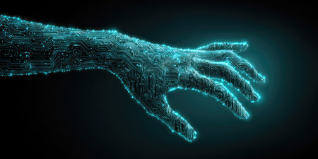 An image showcases an abstract digital hand with a circuit board texture and glowing blue light effects. The hand is extending from the darkness. Its visual characteristics and textures suggest technology. Suitable for applications related to digital transformation, technology and futuristic concepts in visual communication.の素材
