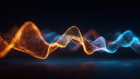 This image features abstract digital wave forms, rendered in shades of orange and blue. The visual composition emphasizes fluid motion against a dark backdrop. The design employs a sense of depth and luminosity suitable for technology or scientific publications, presentations, and design projects.の素材