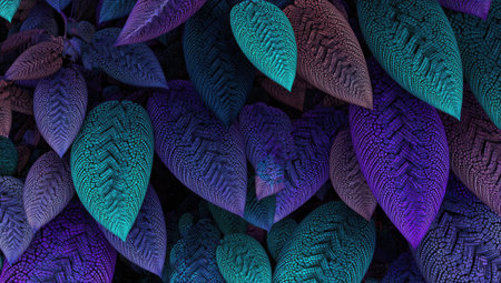 This digital artwork showcases an abstract pattern of stylized leaves, rendered in a palette of blues, purples, and teals. The composition features an overhead view with soft lighting and a focus on texture. Suitable for various design purposes, it provides a visually appealing element for creative projects and editorial use.の素材