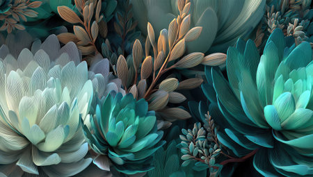 An artistic arrangement showcases various flowers in shades of teal, turquoise, and white. The artwork has a soft focus, showcasing a blend of textures and shapes. This image could be used in decorative prints, textile design, or graphic elements for various creative projects.の素材