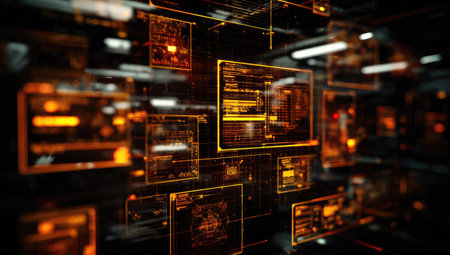 This image showcases a futuristic digital interface with numerous glowing data screens. The composition uses a dark background with orange and yellow highlights, suggesting an advanced technological setting. The visual style features lines and grids, indicating a cybernetic or abstract theme. Suitable for commercial or editorial applications related to technology or data.の素材