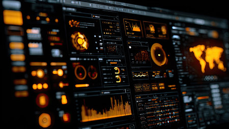 This image features a detailed digital interface displaying complex data visualizations. The composition showcases various informational graphics in shades of black, orange, and yellow. It suggests a technological or scientific environment, potentially applicable for presentations or informational content. The overall effect is modern and dynamic, suitable for editorial and commercial use.の素材