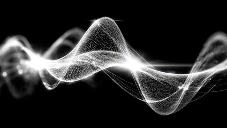 An abstract digital waveform is depicted against a dark backdrop. The graphic displays a series of interconnected lines and particles, creating a flowing, luminous visual effect. The composition employs a high-contrast palette, emphasizing the light against the darkness. It may be used for presentations and creative projects.の素材
