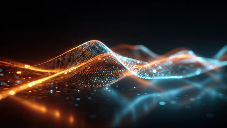 An abstract digital artwork depicts flowing particles in shades of orange and blue. The dynamic composition features a dark background, highlighting the glowing trails. Suitable for use in technology-related projects, the image conveys energy and motion, perfect for editorial and commercial applications. The scene employs a shallow depth of field, enhancing the visual effect.の素材