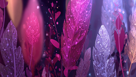 An artistic composition features stylized leaves in shades of purple and pink. The image uses a shallow depth of field, with soft focus and a dreamy aesthetic. It suggests a stylized natural environment, possibly for use in decorative or design-related projects.の素材