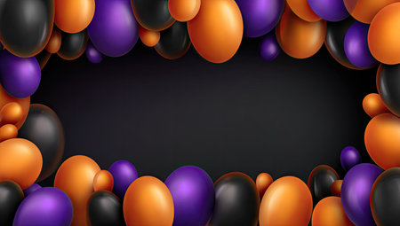 An assortment of colorful balloons forms a frame around a dark space. The balloons are in shades of orange, black, and purple, arranged in a visually pleasing pattern. The overall design features a smooth texture and soft lighting, suggesting a festive environment suitable for various commercial projects and editorial illustrations.の素材