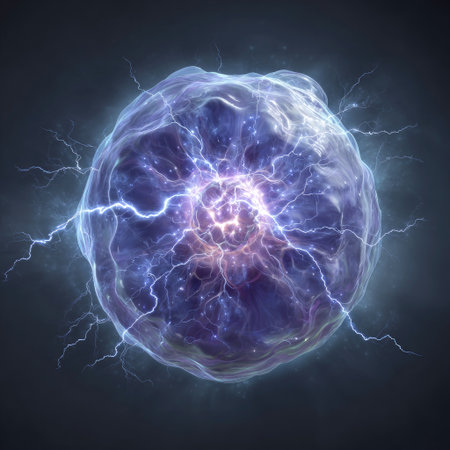 An energy sphere, visualized with bright blue and purple hues, dominates the composition. Electric arcs radiate outward, creating a dynamic visual effect. The image features a dark background, enhancing the prominence of the central subject. This artwork could be used in scientific illustrations or futuristic design projects.の素材