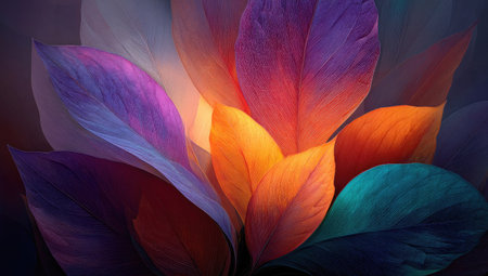 An abstract composition features stylized leaves in a gradient of colors including orange, purple, and teal. The soft focus and gentle lighting create a sense of depth and luminosity. This image is suitable for various commercial uses, providing an aesthetically pleasing design element.の素材