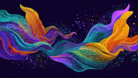 An abstract artwork showcases colorful, flowing forms reminiscent of waves. The composition employs a dark background contrasting with the bright hues of orange, yellow, and purple. This digital illustration could be used for various design projects, marketing materials, and creative visual content.の素材