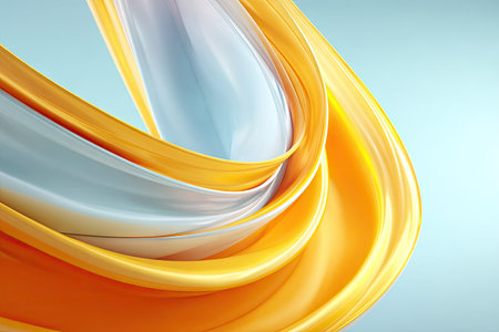This image features flowing golden and blue ribbon-like forms. The smooth, textured shapes are set against a soft, gradient background. The composition uses curves and highlights to create an eye-catching visual. Suitable for a variety of commercial applications, this image provides a versatile design element.の素材