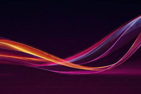 This image showcases abstract flowing lines, exhibiting a dynamic interplay of color and form. The design features a smooth gradient of orange, pink, and purple hues against a dark background. This visual composition suggests movement and energy, and can be used for diverse commercial and editorial purposes.の素材