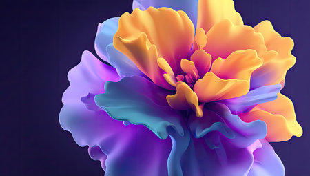 This image presents a close-up view of an abstract floral design. It features soft, fluid petals in shades of orange, yellow, purple, and teal, creating a sense of movement. The composition is set against a dark background, highlighting the vivid colors. This artwork may be suitable for various design projects, including digital art and decorative applications.の素材