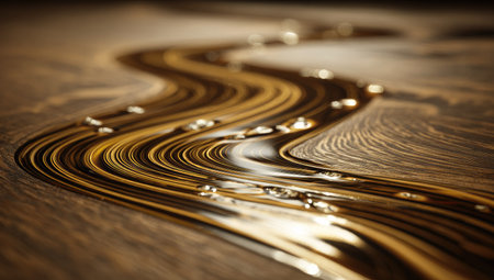 An artistic image presents a flowing golden liquid over a textured wood surface. The fluid appears to carve a path, reflecting light and creating highlights. The composition uses shallow depth of field, resulting in a soft focus background. This visual could be utilized for advertising or design projects.の素材