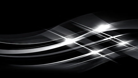 An abstract composition features flowing lines and geometric shapes in grayscale. Bright highlights create a sense of depth and movement against a dark background. The design employs a minimalist aesthetic with a modern feel. This versatile graphic can be applied to various commercial projects.の素材