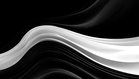 An abstract composition features smooth, flowing lines in contrasting black and white. The design showcases dynamic curves and shadows, creating a sense of movement and depth. This graphic illustration is suitable for various commercial uses, including website backgrounds and marketing materials. It evokes a feeling of sophistication and elegance.の素材
