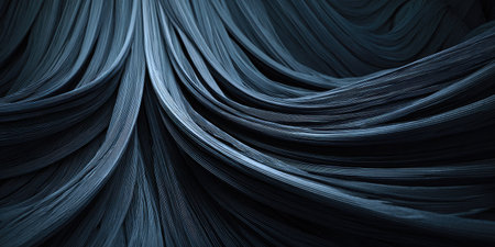 An abstract artwork features flowing lines in shades of dark blue, creating a sense of movement and depth. The composition emphasizes texture and pattern, with a focus on curved forms. This visual could be utilized for various commercial purposes, including website backgrounds or design elements.の素材
