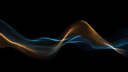 An abstract digital artwork features flowing, undulating lines in hues of blue and orange. The composition presents a dynamic visual flow set against a black background. Suitable for conceptual illustrations, the image could be utilized for various commercial and editorial applications.の素材