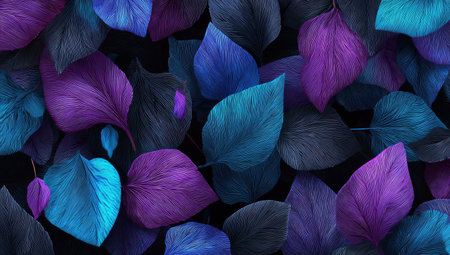 An artistic composition features overlapping leaves in various shades of purple, blue, and black. The image displays a close-up perspective, with a focus on texture and color gradients. It could be suitable for decorative designs, digital backgrounds, or artistic projects, offering visual interest and a vibrant aesthetic.の素材