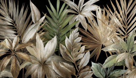 An artistic illustration showcases diverse leaf formations in a variety of colors and textures. Rendered with soft lighting and a focus on detail, the image presents a lush, natural theme. It could be suitable for decorative designs or used as a background element in creative projects.の素材