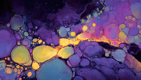 This image presents an abstract composition featuring fluid art with a blend of vibrant colors, predominantly purple, yellow, and blue. The visual texture is organic and layered, with a dynamic interplay of light and shadow. Ideal for various background purposes, this artwork can enhance projects with its rich aesthetic.の素材
