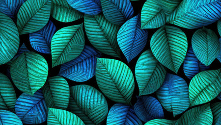 This image features a close-up of overlapping leaves in various shades of teal and blue against a dark background. The detailed illustration showcases textured surfaces and subtle lighting creating a sense of depth. It is suitable for design projects, marketing materials, and other visual communication needs.の素材