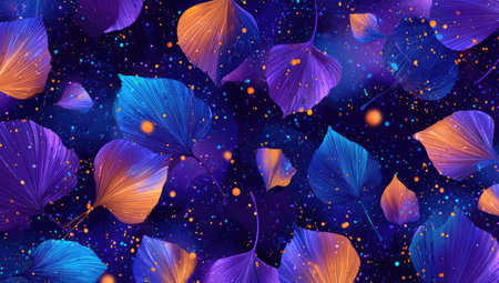 An artistic pattern showcases stylized leaves in shades of orange, purple, and blue against a dark backdrop. The composition features an overhead view with scattered elements. Suitable for decorative projects, this vibrant design can be used to add visual appeal in various applications.の素材
