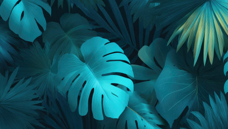 An illustration features an abundance of green leaves, showcasing tropical plant life. The composition utilizes a gradient color scheme, transitioning from darker to lighter shades. This artistic design may be suitable for various applications, including print and digital media, and other creative projects.の素材