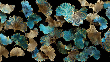An overhead composition presents numerous stylized leaves, displaying a range of muted gold and vibrant teal colors against a black backdrop. The arrangement showcases a detailed texture and intriguing patterns, with selective focus. Ideal for artistic projects, decorative purposes, and designs seeking natural elements.の素材
