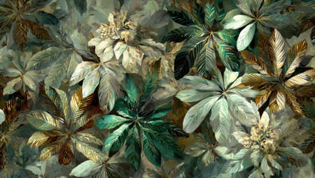 An abstract botanical pattern features stylized leaves in shades of green, brown, and cream. The composition showcases a repeating motif, with textural details enhancing the visual interest. The artwork is likely suitable for decorative purposes, potentially serving as a backdrop for various creative projects, including editorial use.の素材