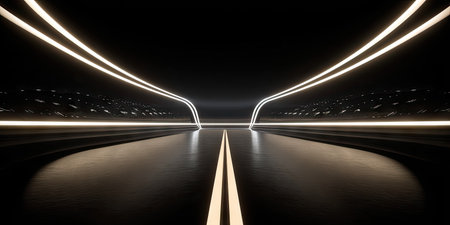 An illuminated abstract tunnel shape with perspective and reflection. The scene showcases bright light trails against a dark backdrop. The composition features clean lines and symmetrical elements. This visual could be used for technology, design, or conceptual projects. It suggests movement and depth, suitable for various editorial and commercial applications.の素材