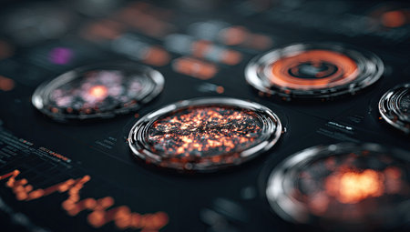 This image showcases a futuristic digital concept featuring several circular elements. The composition has a dark background and highlights a network of digital data elements, using shades of orange and black. The scene suggests a technology or scientific context and could be used for various design projects.の素材